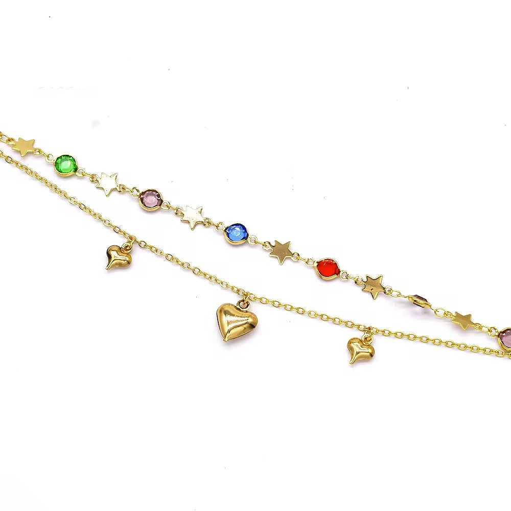 S0339 Wholesale Costom Personalized Double Chain Heart Women Anklet Bracelet Gem Heart Anklet