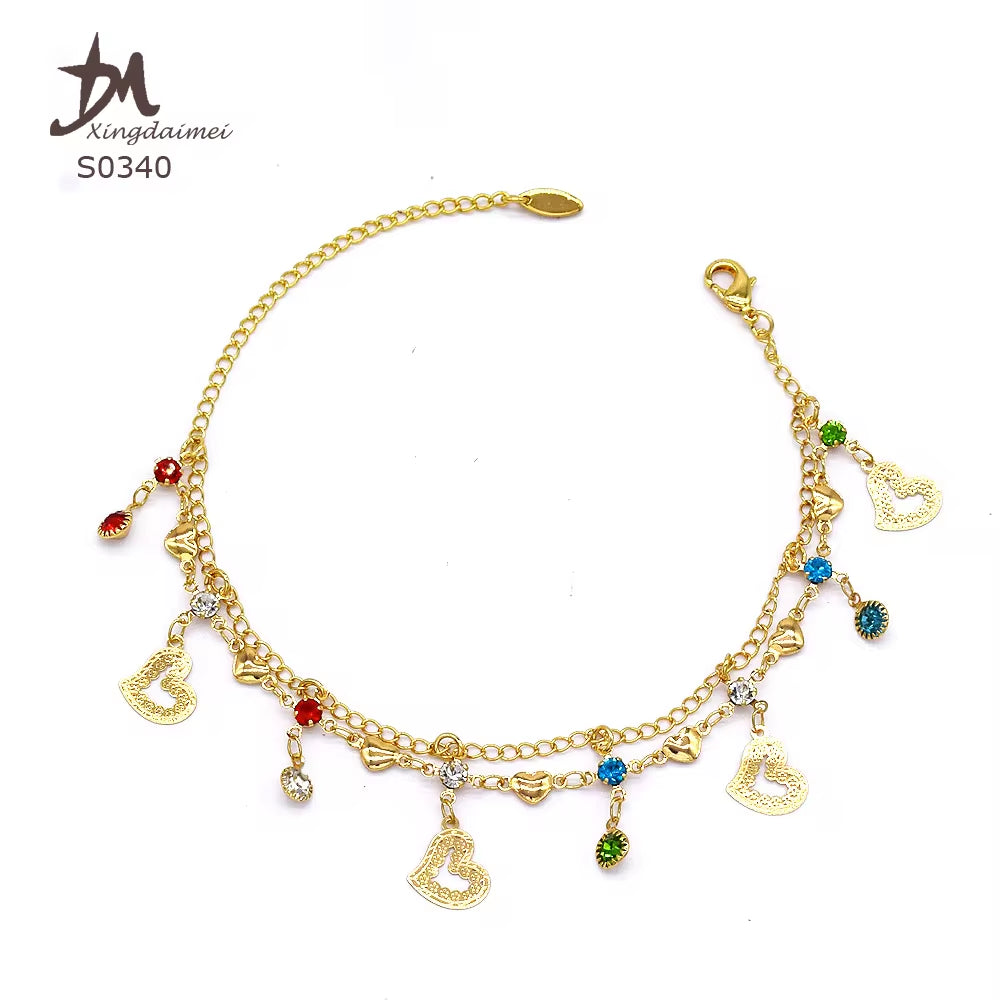 S0340 Wholesale Costom Personalized Double Chain Heart Women Anklet Bracelet Gem Heart Anklet