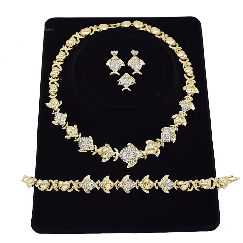 T0306 High Quality Gold Plating Jewelry Women Jewelry Set Diamond Fish Shape XOXO Jewelry Set