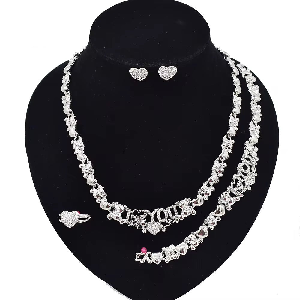 T0284 High Quality Silver Color Fishbone 4Piece I Love You Jewelry Set Big Set African Jewelry