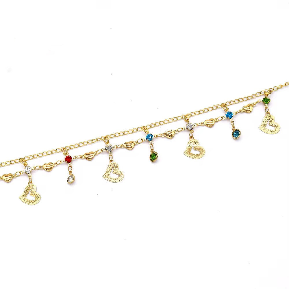 S0340 Wholesale Costom Personalized Double Chain Heart Women Anklet Bracelet Gem Heart Anklet