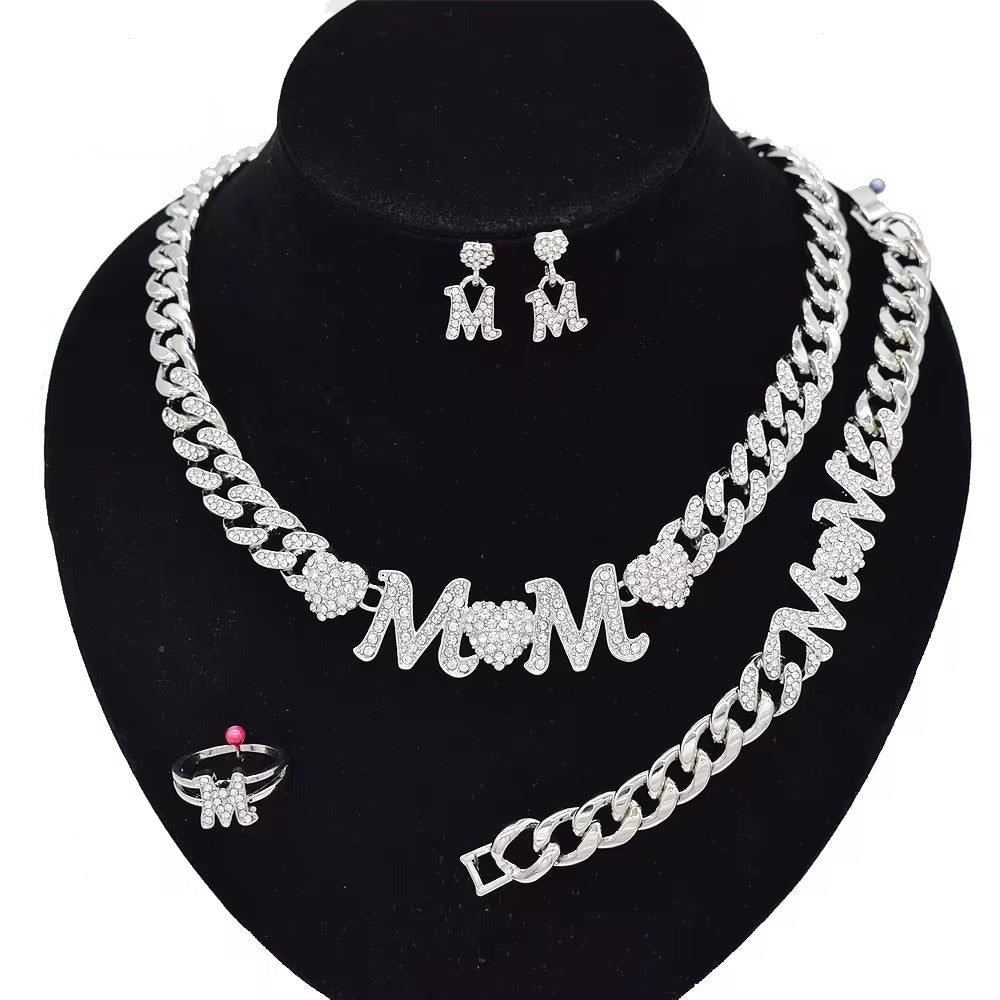 T0308 Cuban Chain Mom Gift High Quality Silver Color XOXO MOM Jewelry Set