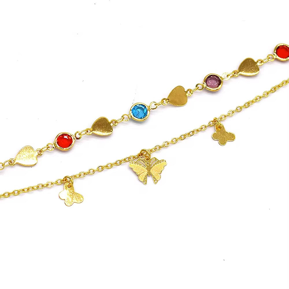 S0341 Wholesale Costom Personalized Double Chain Butterfly Women Anklet Bracelet Gem Heart Anklet