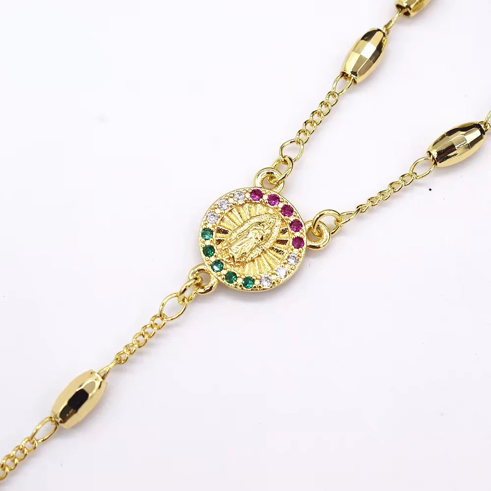 Z038 Gold Rosary Necklace Wholesale Three Colors Holy Father Rosary Beaded Zircon Virgin Mary Necklace