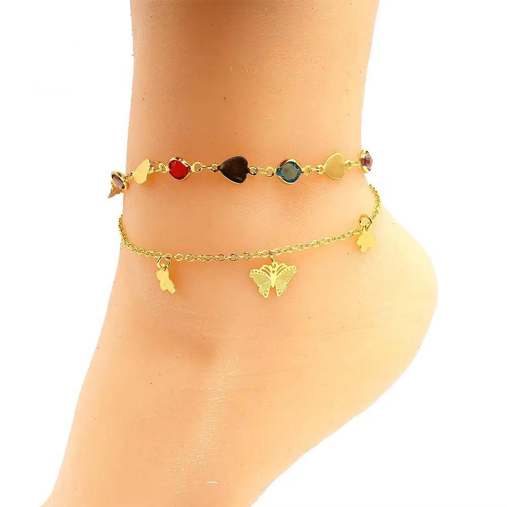 S0341 Wholesale Costom Personalized Double Chain Butterfly Women Anklet Bracelet Gem Heart Anklet