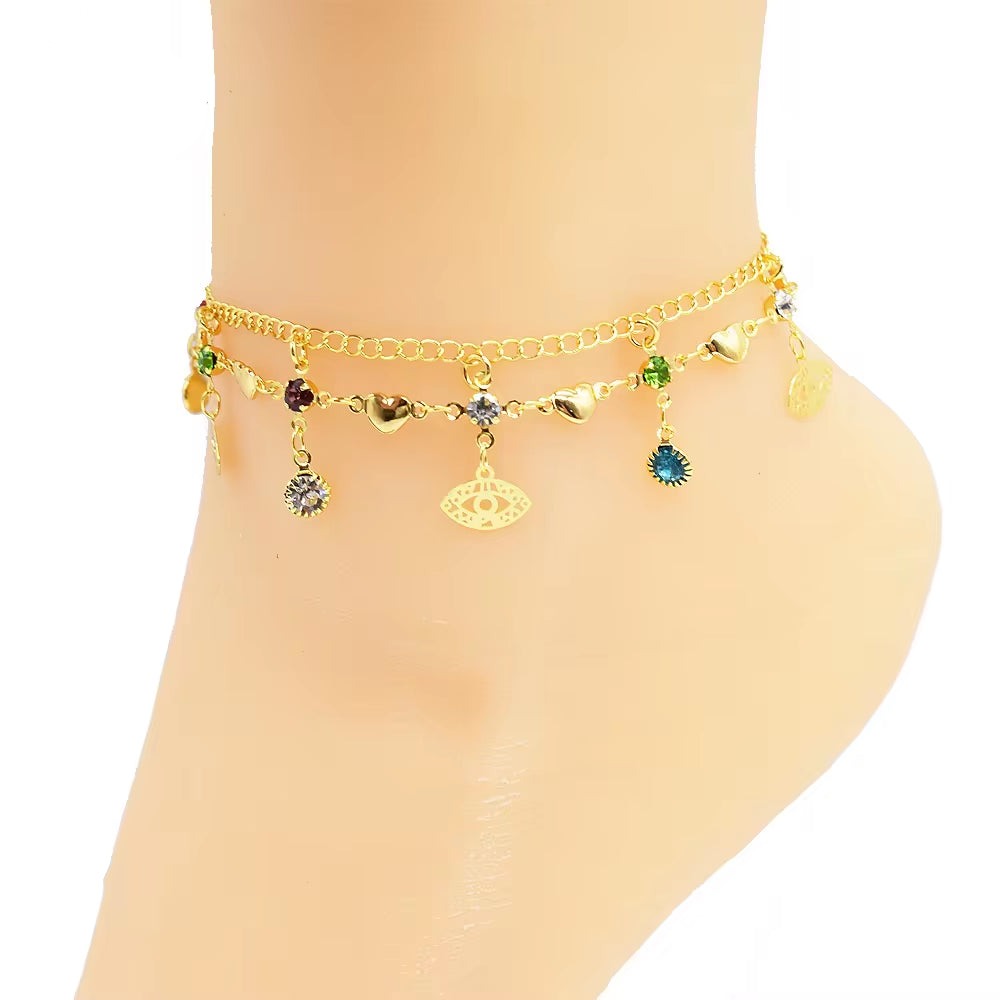 S0343 Wholesale Costom Personalized Double Chain Evil Eyes Women Anklet Bracelet Gem Heart Anklet