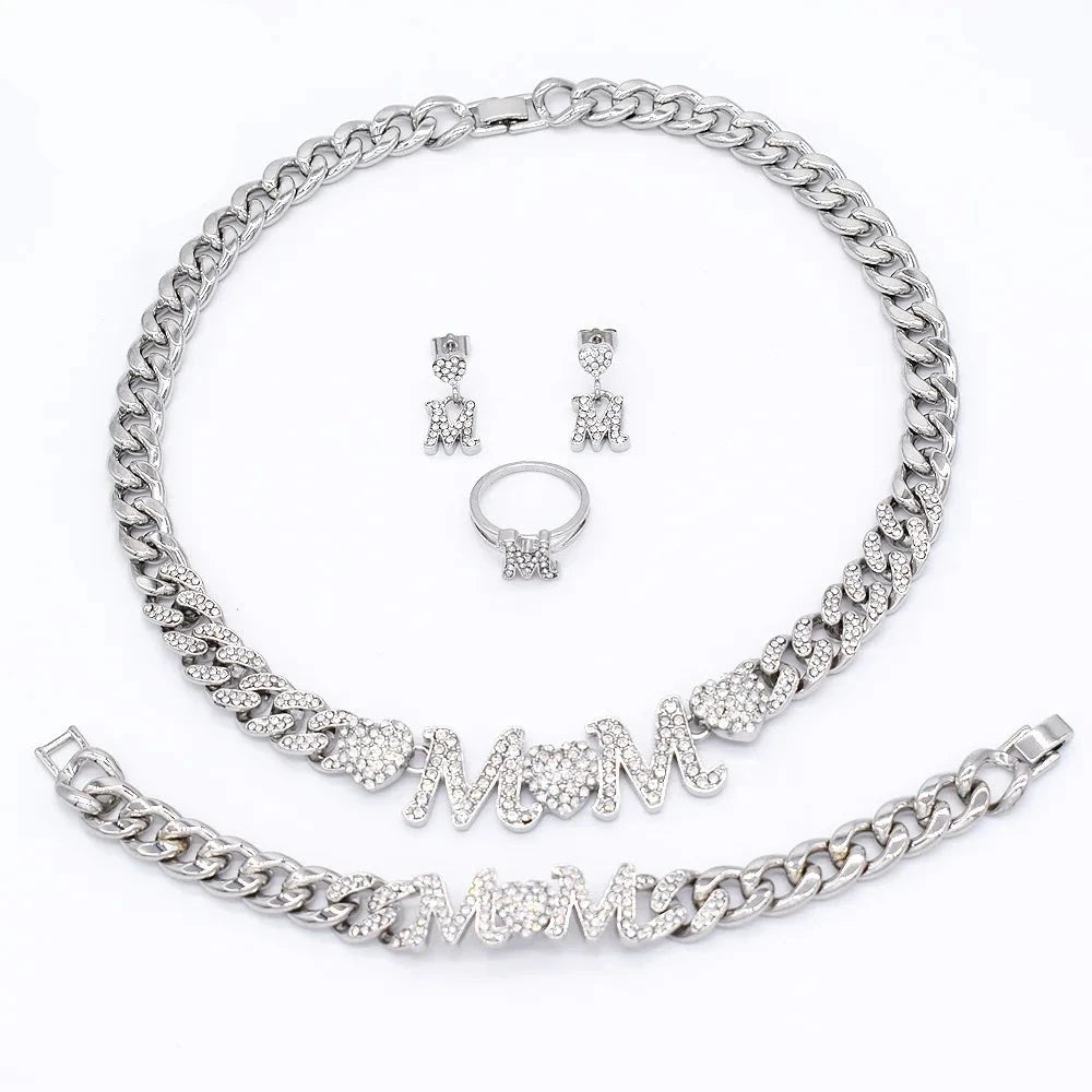 T0308 Cuban Chain Mom Gift High Quality Silver Color XOXO MOM Jewelry Set