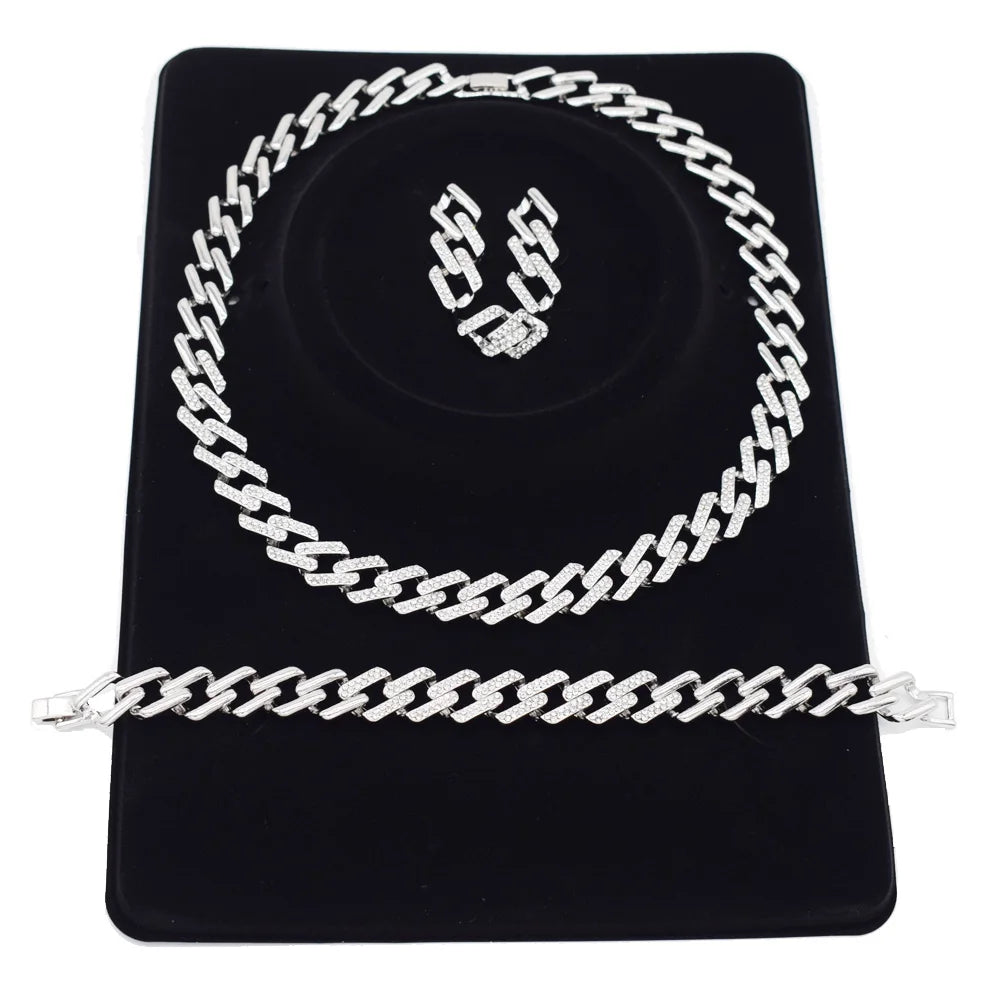 T0253 Silver Color Women'S Charming Jewelry Set Hip Hop Style Cuban Chain Jewelry Set