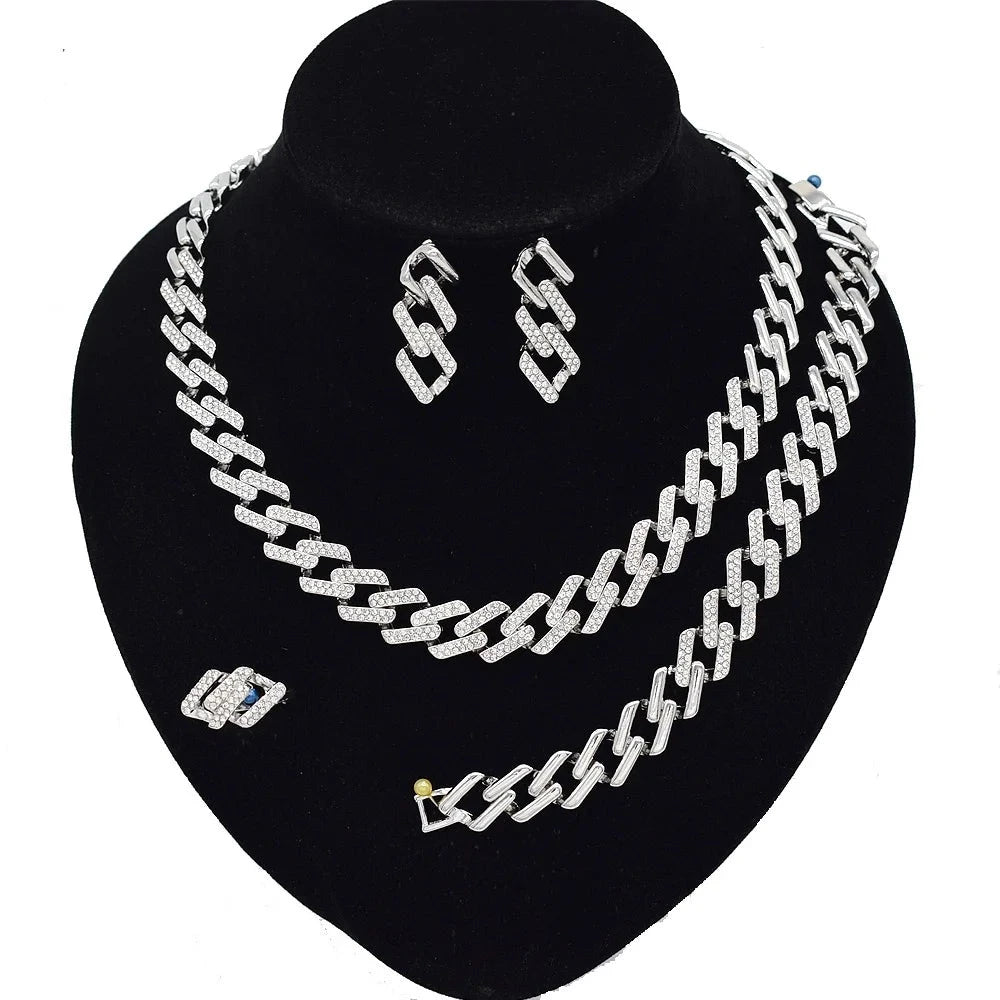 T0253 Silver Color Women'S Charming Jewelry Set Hip Hop Style Cuban Chain Jewelry Set