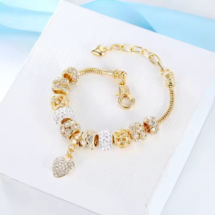 18k Gold Plated Heart Charms Beaded Bracelet