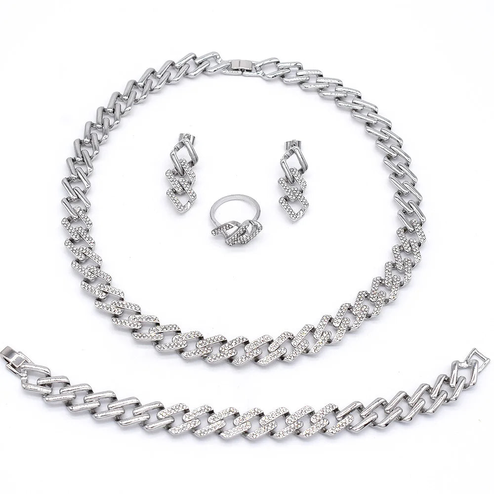 T0253 Silver Color Women'S Charming Jewelry Set Hip Hop Style Cuban Chain Jewelry Set