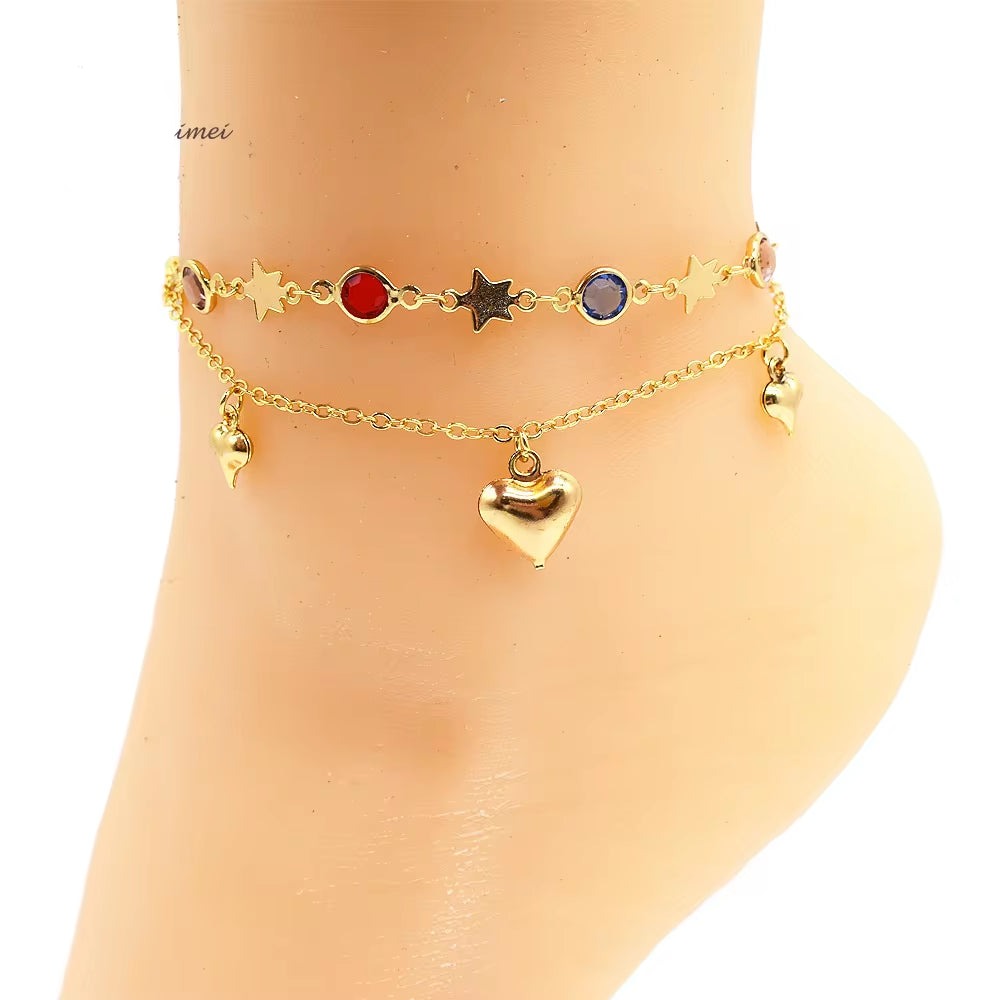 S0339 Wholesale Costom Personalized Double Chain Heart Women Anklet Bracelet Gem Heart Anklet