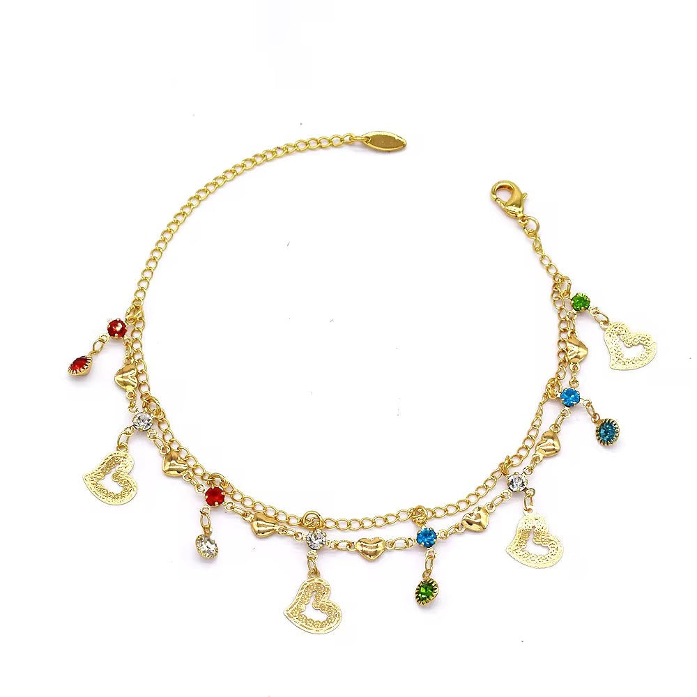 S0340 Wholesale Costom Personalized Double Chain Heart Women Anklet Bracelet Gem Heart Anklet