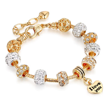 Gold Plated Beaded Crystal Charm I Love You Bracelet