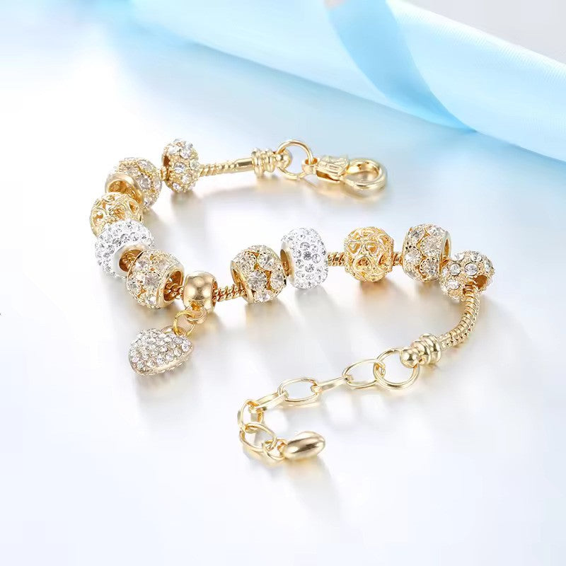 18k Gold Plated Heart Charms Beaded Bracelet