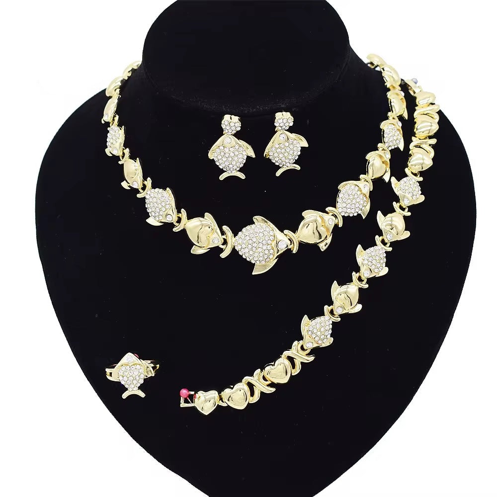 T0306 High Quality Gold Plating Jewelry Women Jewelry Set Diamond Fish Shape XOXO Jewelry Set